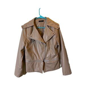 Oioninos Womens Sz S-M Biker Jacket Faux Leather Taupe Long Sleeve Zip Accent